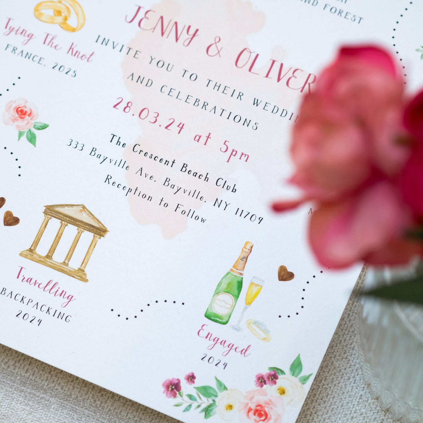Wedding invitation with illustrated story of your relationship, with watercolour flowers in burgundy and blush pink